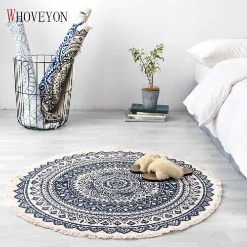 Hemp cotton round rug bedroom bohemian style tassel cotton rug hand-woven ethnic classic tapestry sofa cushion tatami floor mat