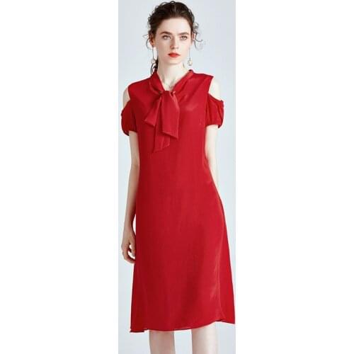 Red Bowtie Silk Crepe Dresses Women Fashion 2021 Summer Long Casual Sexy Office Work Daily Party Dress Plus Size Slim A Line
