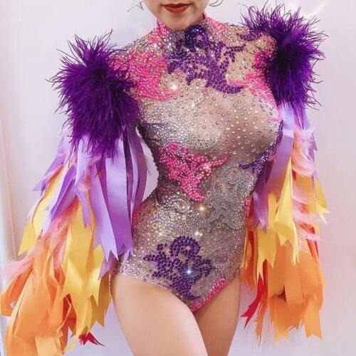 Fashion Stage Wear Ribbon Strip Feather Sleeve Rhinestone Bodysuit Women Nightclub Bar Party Outfit Performance Dance Costume