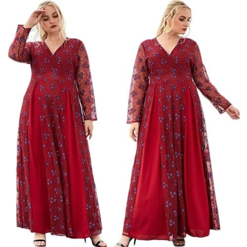 Fashion Lace Flower Muslim Long Dress Hollow Out Long Sleeve Abaya Women V-neck Loose Plus Size Ramadan Islamic Turkish Elegant