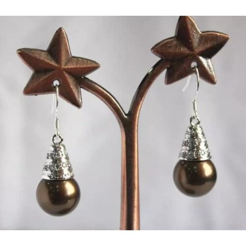 Fashion temperament women silver plated 12 mm Brown Shell Pearl Earrings