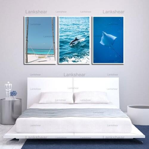 Nordic Blue Healing Posters Bay Seascape Canvas Painting Art Print Wall Pictures Modern Landscape Living Room Home Decoration