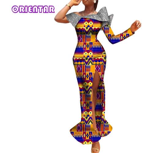 New Women African Dress One Shoulder Long Sleeve Bazin Riche African Wax Print Dashiki Dress Lady Party Split Dress WY9062