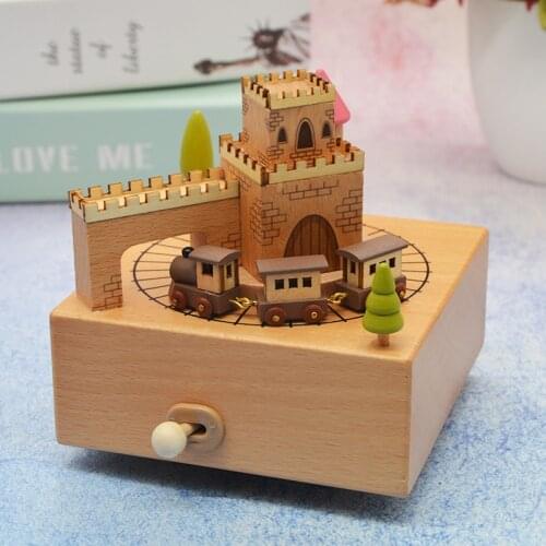 Simple creative gift wooden ornaments music boxtrain craft sky city solid wood music box birthday gift for friend