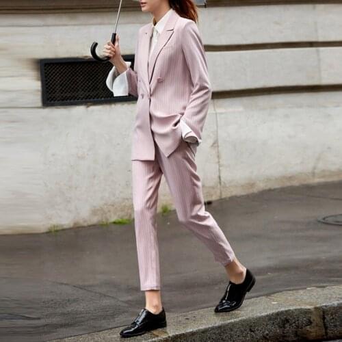 Work Pant Suits OL 2 Piece Sets Double Breasted Striped Pink Blazer Pants Suit For Women Trousers Set Feminino Spring