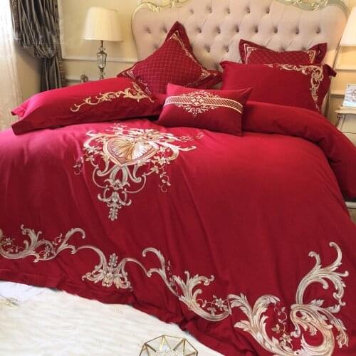 Luxury White Golden 100S Egyptian cotton Royal Bedding sets Queen King size Duvet cover Bed sheet set Pillowcase 4pcs 6PCS red