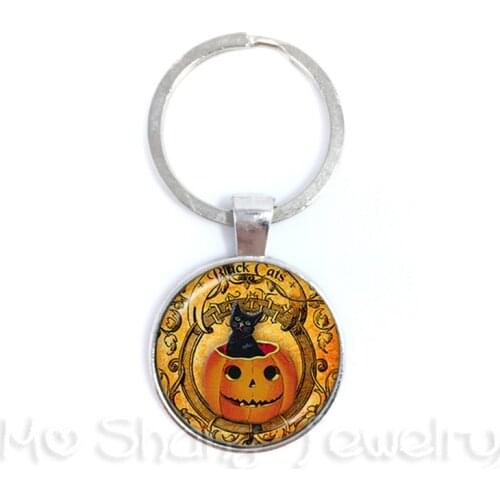 Lovely Cat KeyChain Round Glass Cabochon Animal Handmade Key Rings Holder Creative Halloween Lover Cats Gift