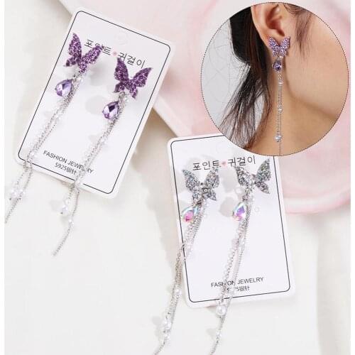 1Pair Long Pearl Chain Shiny Butterfly Rhinestone Drop Earring For Women Elegant Tassel Chain Party Jewelry Charm Gift