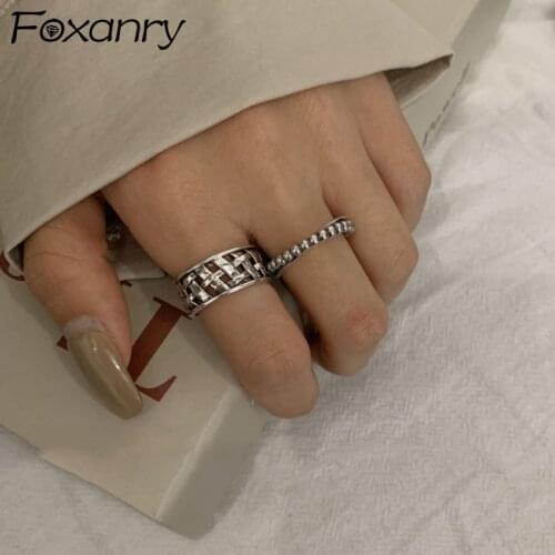 Foxanry 925 Sterling Silver Wide Rings 2021 New Trendy Hip Hop Vintage Charming Simple Round Beads Punk Party Jewelry for Women