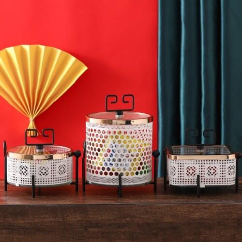 Nordic Metal Hollow Glass Cover Storage Box Jewelry Makeup Organizer Living Room Snacks Candy Jar