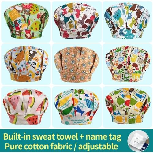 High Quality sweat-absorbent Long-haired woman Scrubs hats adjustable cartoon printing hats pet grooming beauty salon work caps
