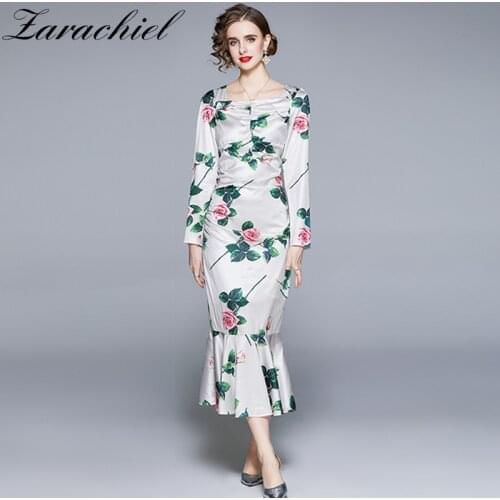 Runway Elegant Flower Print Mermaid Party Satin Dress 2021 Autumn Retro Long Sleeve Backless Bodycon Midi Ruffles Vestidos Robes