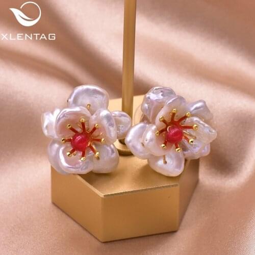 XlentAg 925 Sterling Silver Stud Earrings Natural Stone Baroque Pearl Flower Earrings For Women Handmade Fine Jewellery GE0677