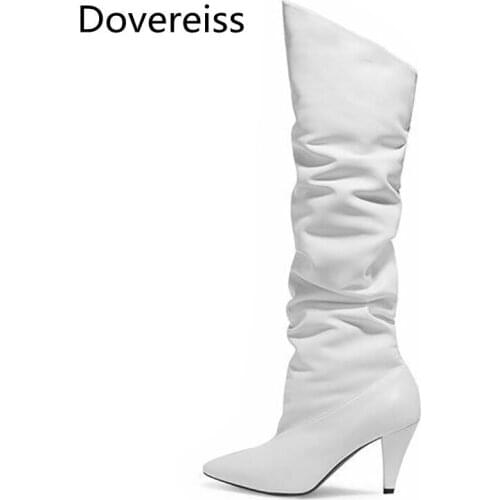 Dovereiss Fashion Womens Shoes Winter Elegant Knee high boots Mature Slip on Pure color Pointed toe Strange style heels 43