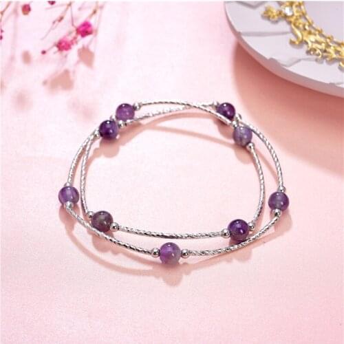 Fashion Natural Stone Stretch Bracelets for Women Amethysts Round Beaded Bracelets 2 Layers Bangles Gifts Jewelry 32cm B428