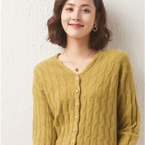 Women V-Neck Cardigan Loose Sweater 2021 New Autumn/Winter 100% Pure Wool Sweater Knitted Jacket Woman Casual Basic Shirt