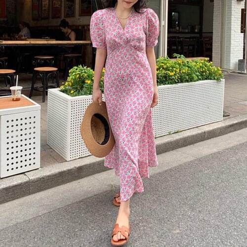 Korean V-neck Floral Print Woman Dress Midi Long Slim Waist Elegant Casual Dresses YOU561