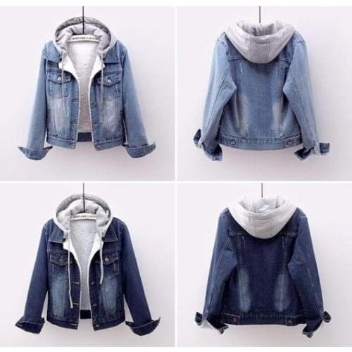 Winter denim jacket womens short Korean slim plus velvet detachable hooded warm imitation lamb cotton-padded Outerwear & Coats