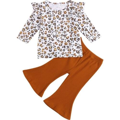 Pudcoco 6M-4T 2Pcs Baby Boys Girls Ruffles Leopard Print Long Sleeve T-Shirt Tops+Flare Pants Loose Wide Leg Trousers Sets