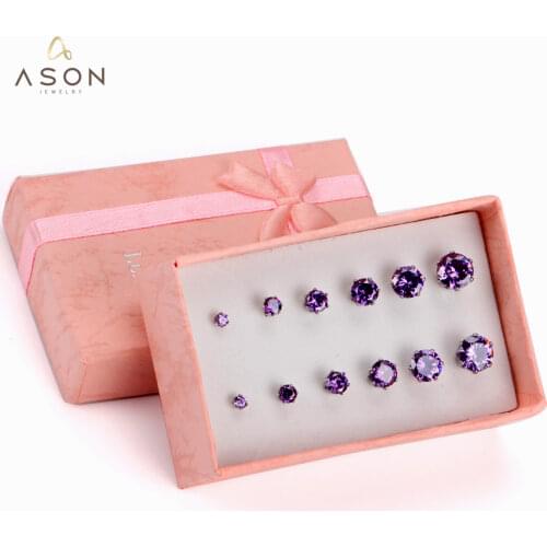 ASONSTEEL Romantic Jewelry Box Gift Pink Color Square Cubic Zironia Stainless Steel Anti-allergy 6pairs Earring Sets Ladies Gift