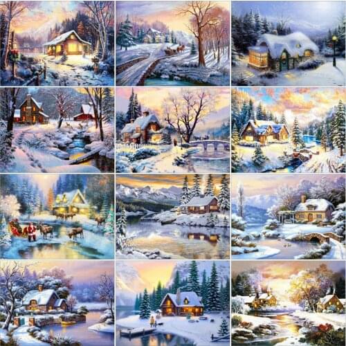 AZQSD 5d Diamond Painting House Snow Diamond Embroidery Winter Landscape Gift Home Decor Picture Of Rhinestones Needlework