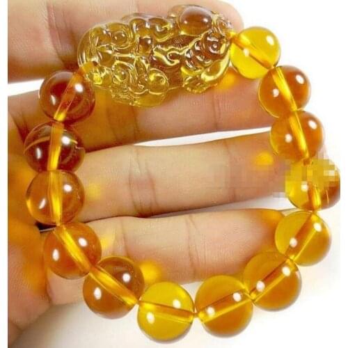 Free Shipping Wholesale price Feng Shui Yellow Crystal Pi Yao Pi Xiu Avoid evil Bracelet For Wealth 14mm