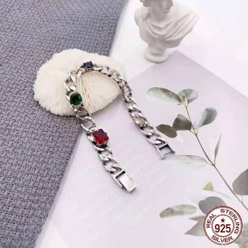 S925 sterling silver bracelet retro personality punk hip hop style personality creative stitching color Hao stone fashion letter