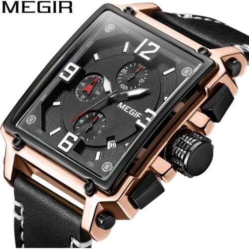 MEGIR New Fashion Casual Multifunction Square Three Eye Sports Chronograph Personality Mens Business Watches Waterproof 2028G