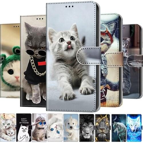 Etui Cute Cat Lion Pattern Wallet Flip Case For Motorola E6 Play E6 Plus E7 G8 Power G9 Play G 5G Plus Card Holder Stand Cover
