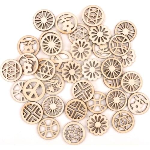 Handmade Wooden Crafts Accessory Home Decoration Scrapbooks Paintng DIY Mix Round Flower Gear Wood Ornaments 30mm 20pcs