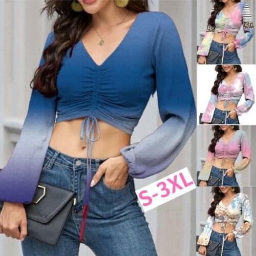 Kuelawear Summer Tops V-Neck Long Sleeve Slim Printed T-shirt Womens Gradient Ramp Tops Cotton Doublet Waist Pullover T-Shirts