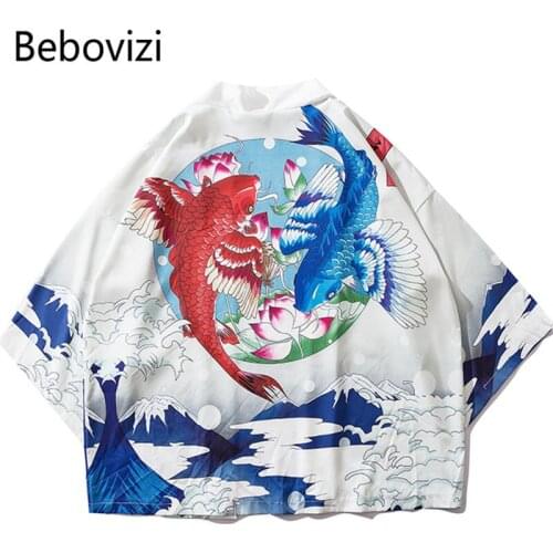 Bebovizi 2019 Japanese Style Koi Printed Cardigan Kimono Summer Loose Thin Robe Mens Harajuku Streetwear White Jacket Coat