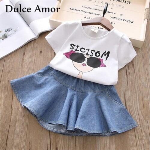 Dulce Amor Girls Clothes Set Fashion Cartoon Girl Print Summer T Shirt+Denim Pleated Skirt 2Pcs Kids Clothing For Girls