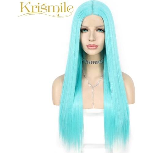 Krismile Long Green Blue Straight Synthetic Lace Wig T Middle Parting Daily for Women Cosplay Party Heat Resistant Fiber