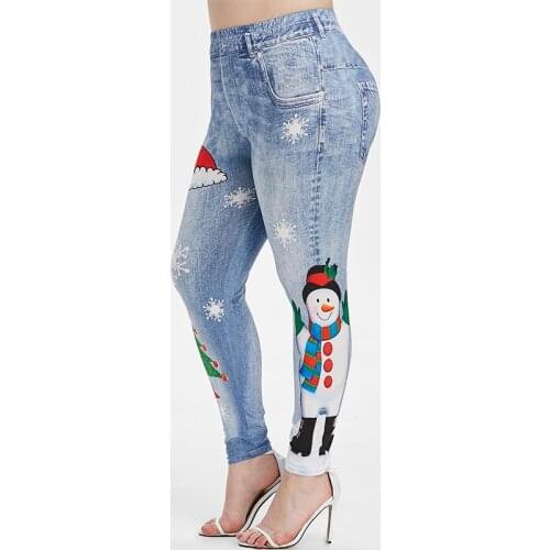 Merry Christmas Snowman Cute Lovely Leggings for Women High Waist Ankle Length Jeggings Ladies Blue Spandex Skinny Workout Pants