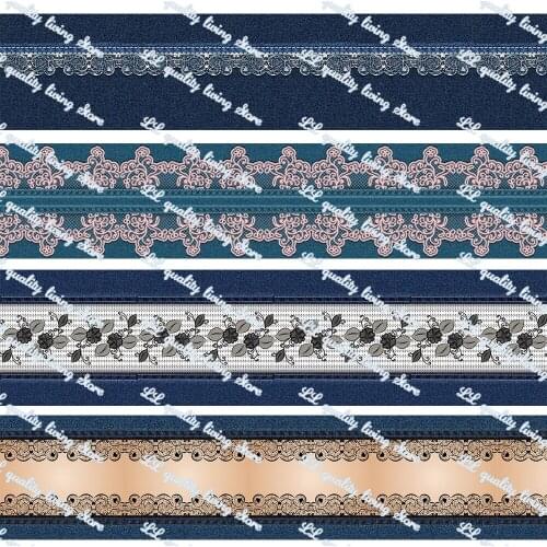 16-75mm Denim&Lace PatternPrinted Grosgrain Ribbon/16mm Printed Elastic Foe Ribbons DIY Hair Bows Sewing Webbing 50 Yards