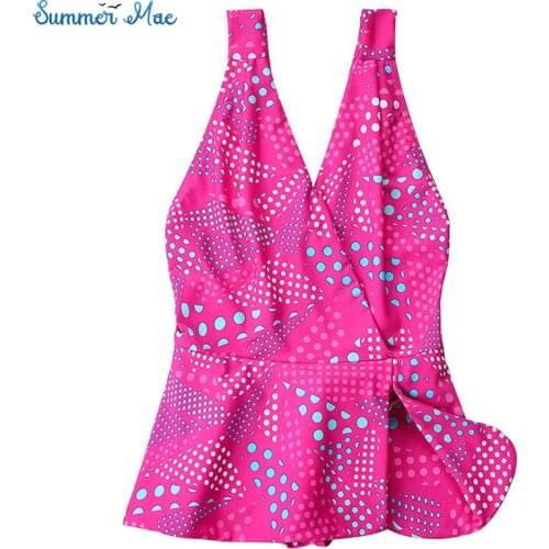 Summer Mae Toddler Girls One-Piece Swimdress Irregular Polka Dot Split Skirt Bathing Suit