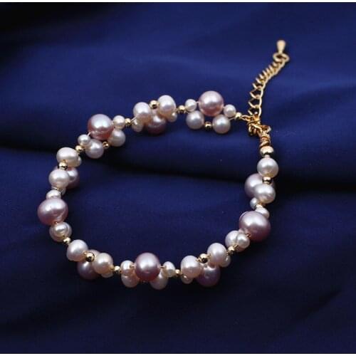 Can customize length fine jewelry girls genuine natural purple white pearl beaded gold bracelet