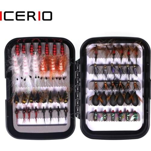 ICERIO 59pcs Fishing Fly Set Box Royal Wulff Bead Head Pupa Larva Nymph Beetle Shrimps For Trout Perch Salterwater Fishing Lure