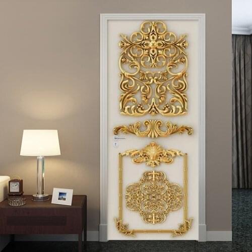 Door Sticker 3D Stereo Golden Relief Carved Flower Wallpaper Living Room Bedroom Luxury Home Door Poster PVC Waterproof Stickers