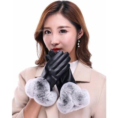 New 1 Pair Man Women PU Leather Velvet Winter Driving Warm Gloves Faux Rabbit Fur Warm Outdoor Touch Screen Bow Gloves Mittens