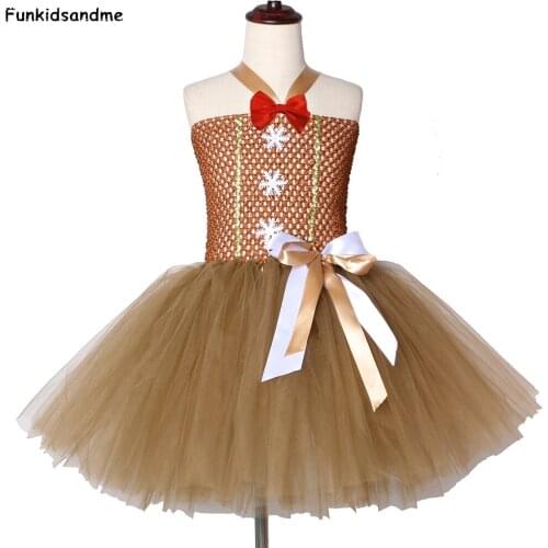 Gingerbread Man Girls Tutu Dress Brown Bow-knot Kids Girls Christmas Party Dresses Tulle Children Carnival Halloween Costume