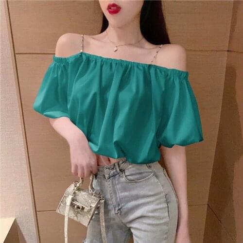 Strap Shirt Retro Off-shoulder Top Loose Solid Crop Tops 2021 Summer New Female Korean Short-sleeve Suspender Blouse Women Y494