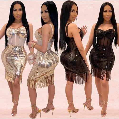 Sexy Sequined Suspender Dress Tassel Nightclub Skirt Bodycon Dress Sexy blink Dresses Party Skirt