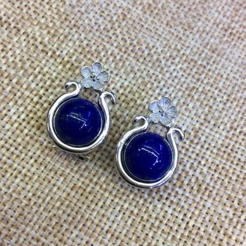[S925] longnice silver silver inlaid pure natural lapis lazuli stone flower ear earrings