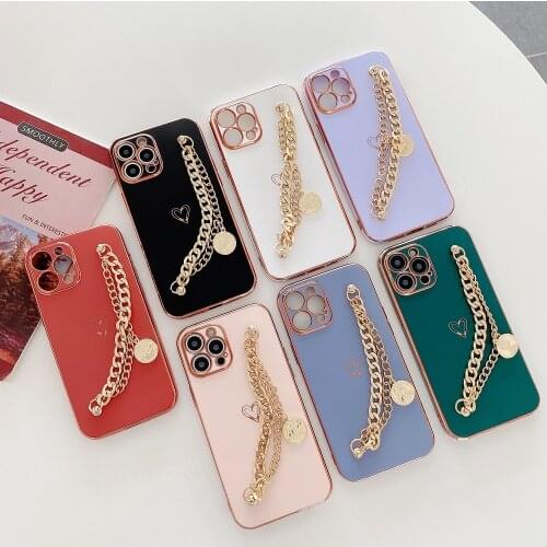Luxury Fine Hole Plating Love Heart Gold Chain Phone Case For iPhone 12 Pro Max XSMAX 11 Pro Max XR XS 7 8 PluIs Silicone Cover