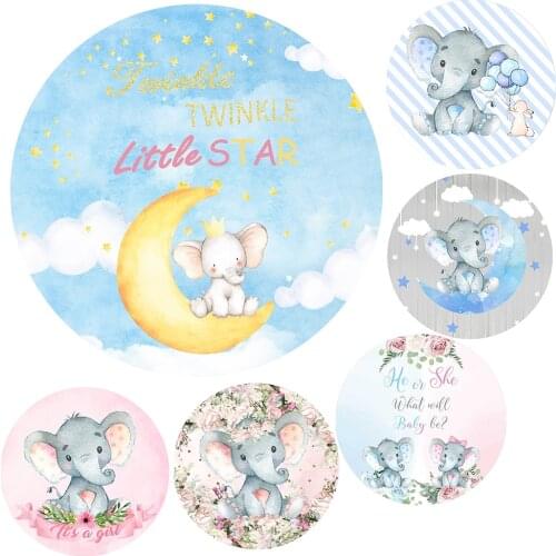 Elephant Baby Shower Round Birthday Backdrop Twinkle Twinkle Little Star Moon Sky Cloud Decoration Party Photo Background Covers