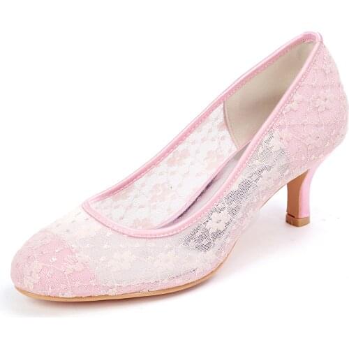Sweet Lace Lady Pumps Rounded Toe Slip on Women Medium Heels Bridal Wedding Birthday Party Prom Girls Shoes White Pink Black