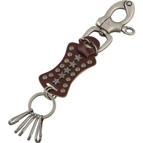 Punk Vintage Metal Star Keychain Men Women Black Brown Genuine Leather Gothic Car Keyrings HipHop Fashion Bag Pants Accessories