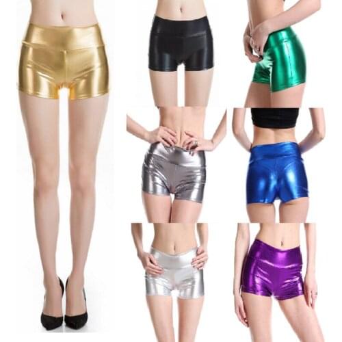 Ensnovo Womens Metallic Shiny Mid Waist Shorts Gold Silver PU Material Summer Shorts Rave Dance Shorts for Stage